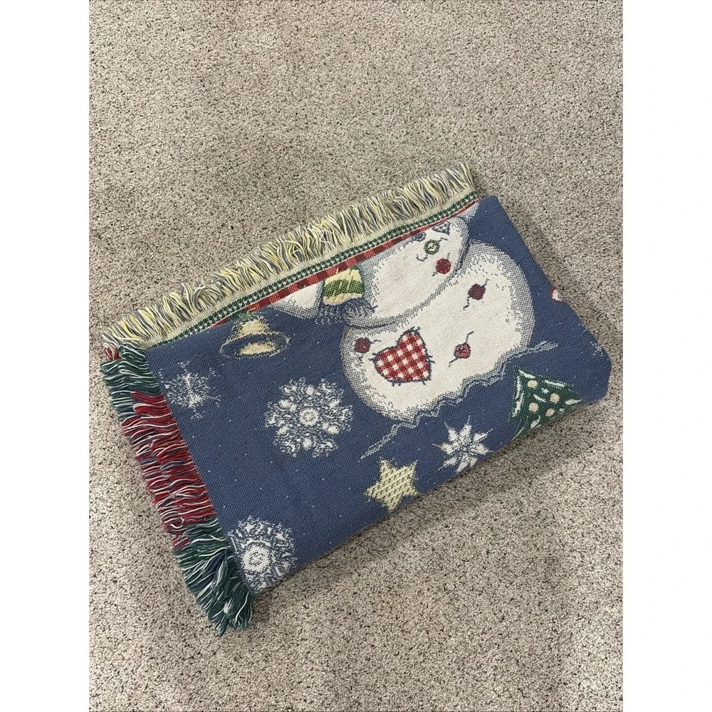 Snowman Christmas Holiday Tapestry Throw Blanket Snow Trumpet Pine Tree 48